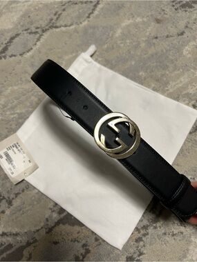 New Gucci Black Leather Interlocking G Buckle Belt 70/28 Width 37mm